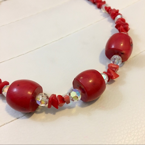 Red Coral & Crystal Chunky 19” Sterling Silver Necklace - Picture 5 of 7